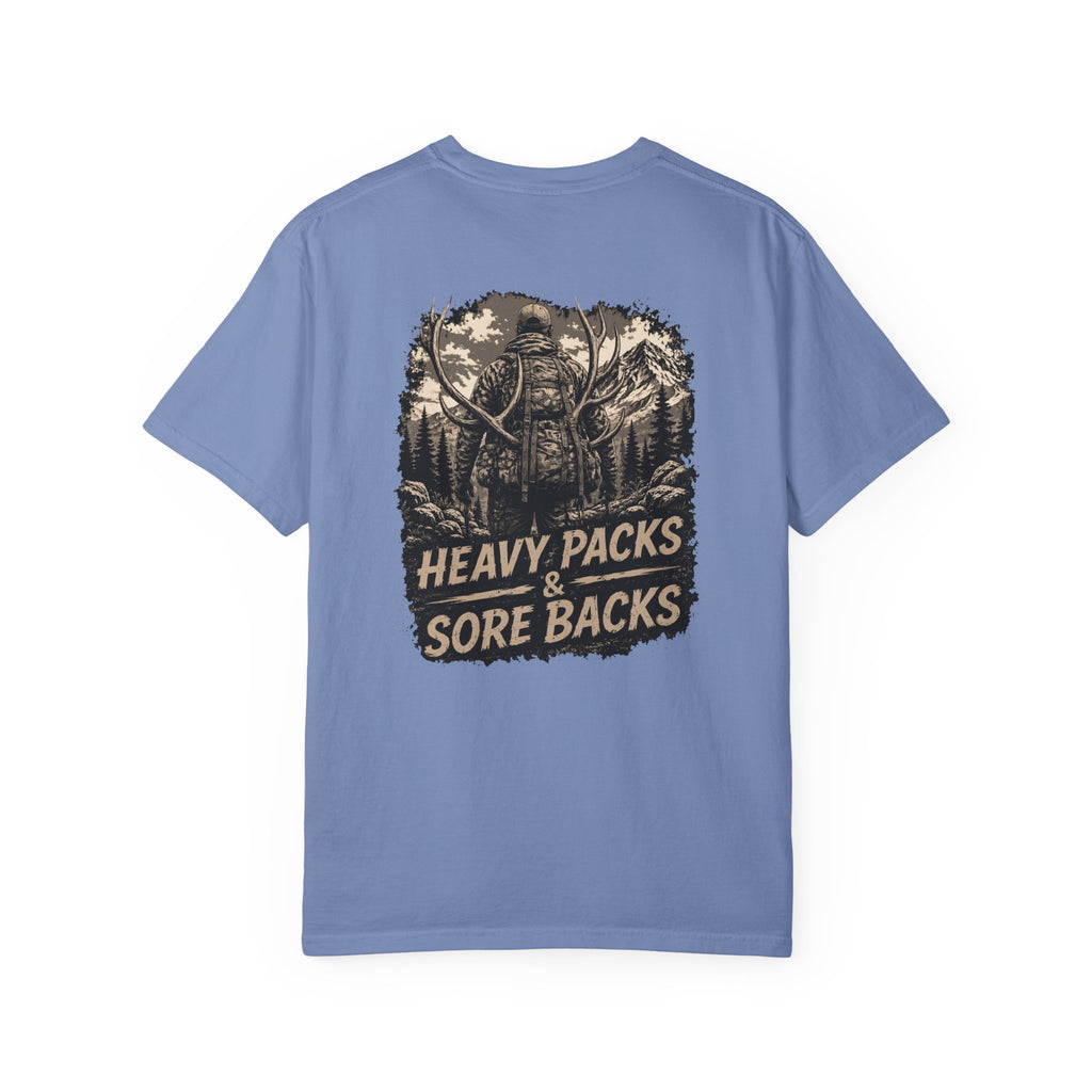 T-Shirt — Heavy Packs & Sore Backs Back Print (Outdoor Hiking Graphic)