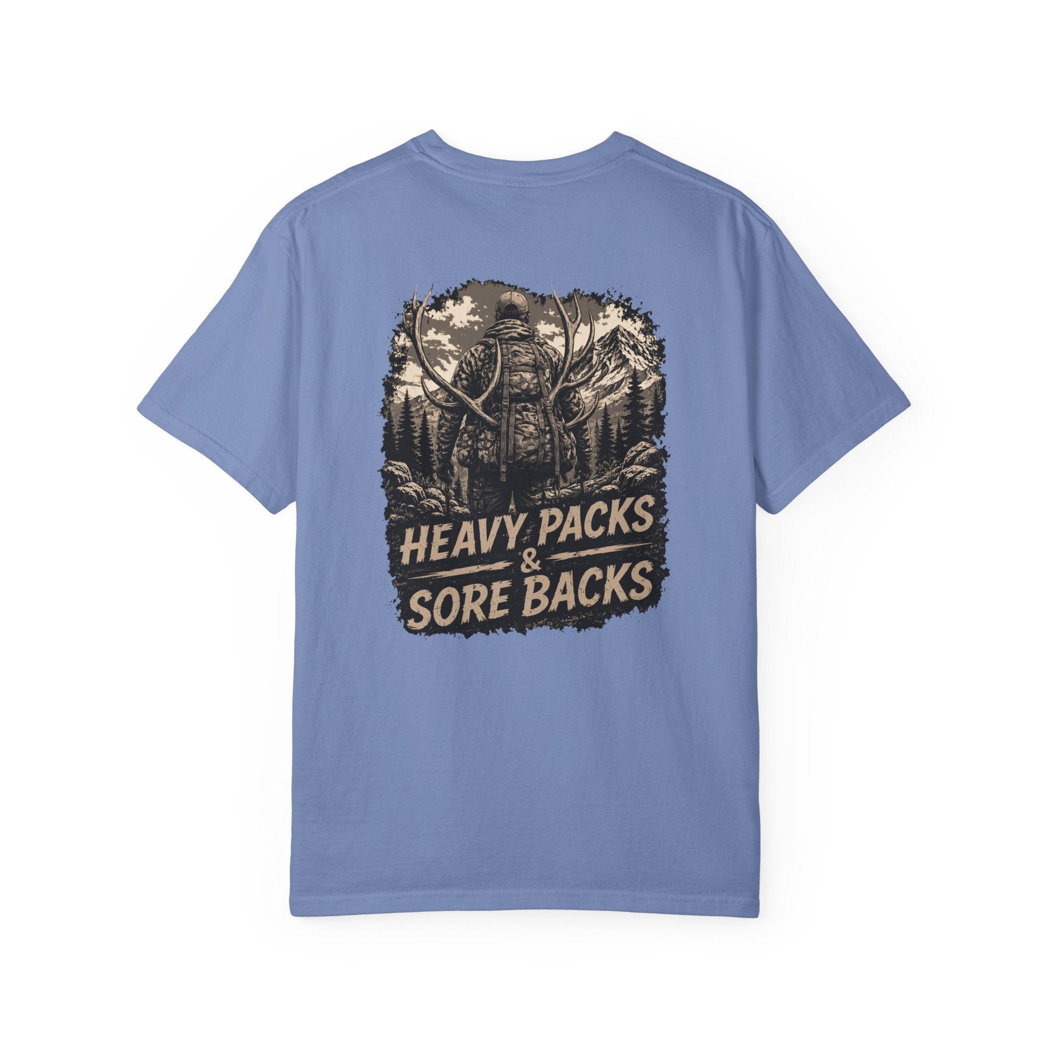 T-Shirt — Heavy Packs & Sore Backs Back Print (Outdoor Hiking Graphic)