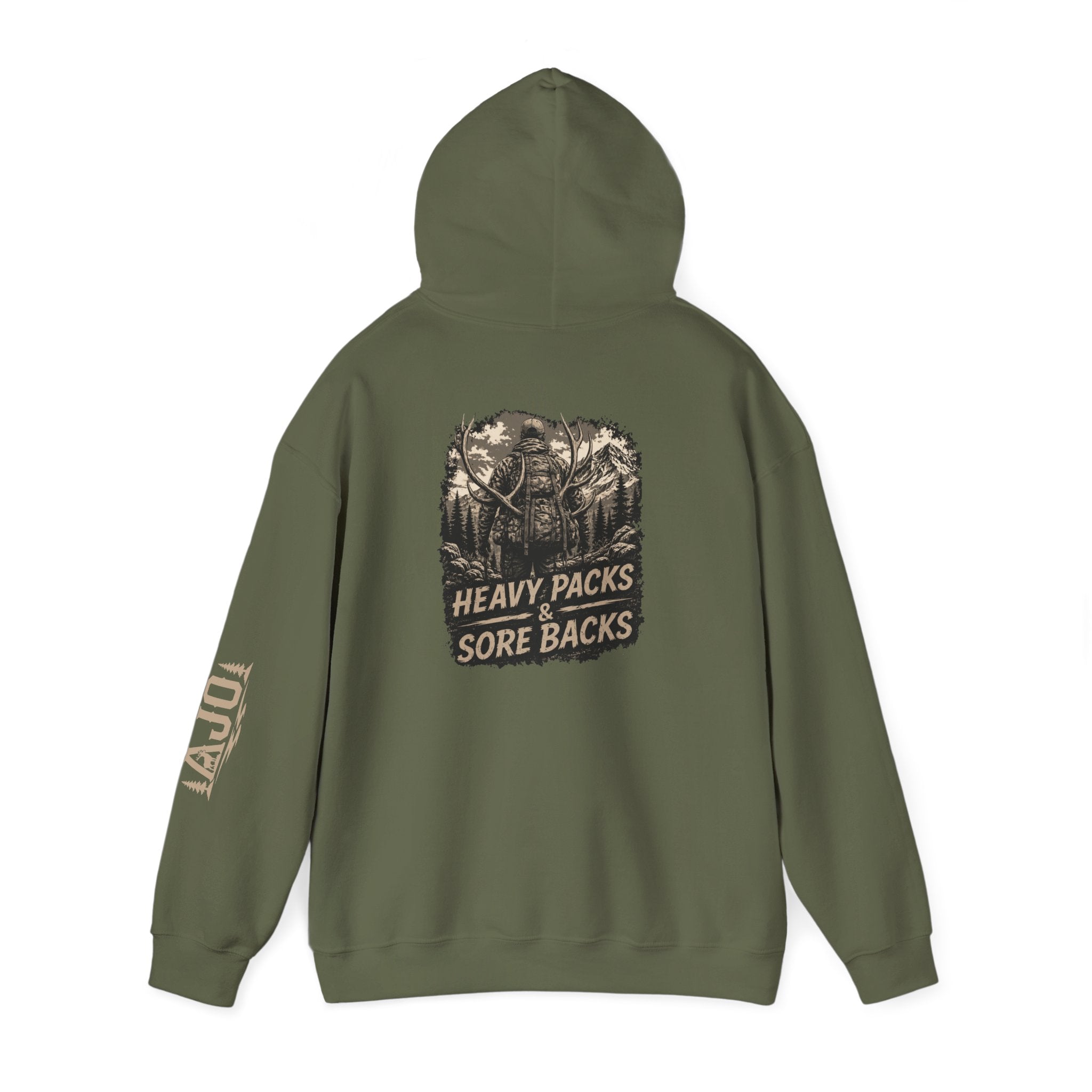 Heavy Packs Hoodie — “Heavy Packs, Sore Backs” Backprint Outdoor Camping Hoodie