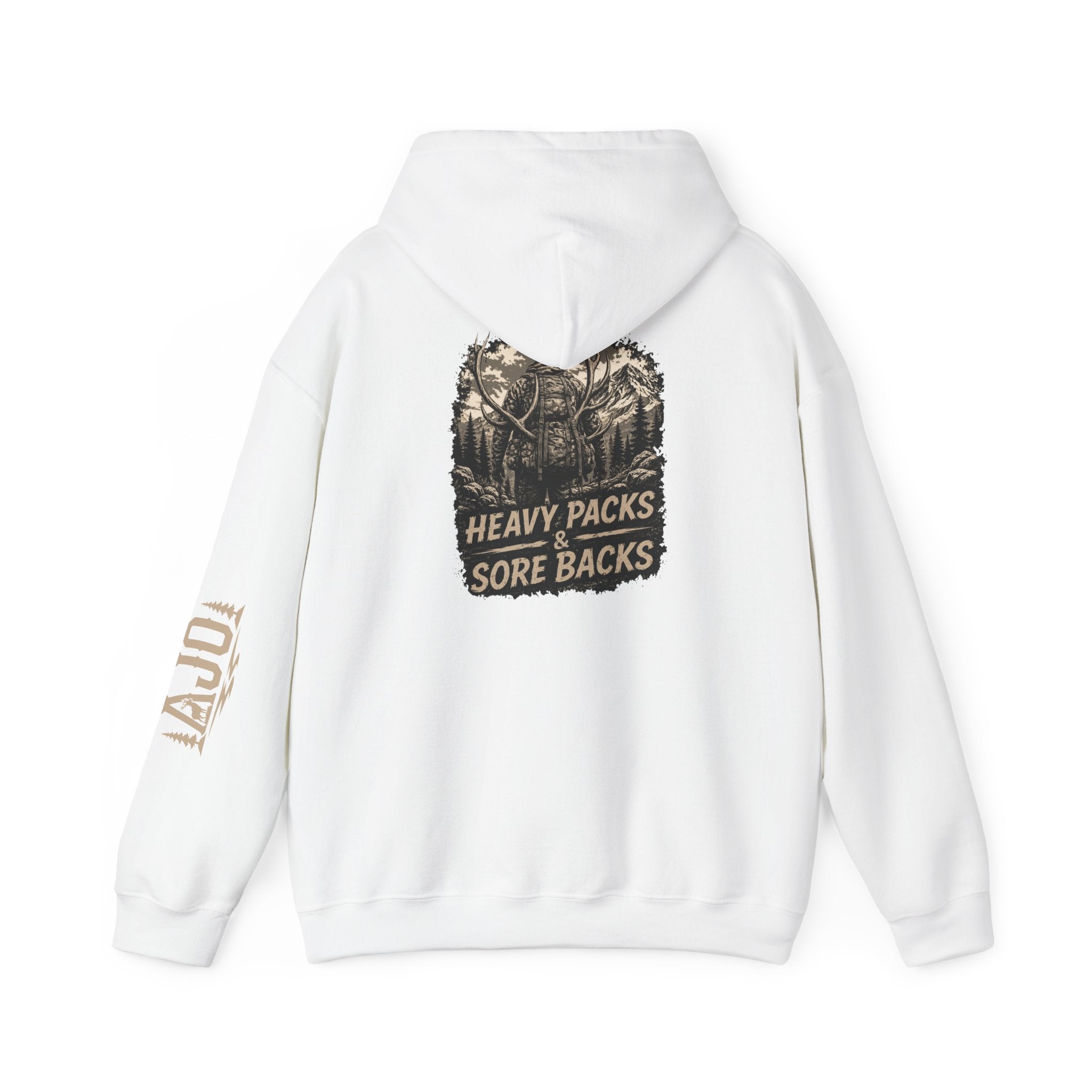 Heavy Packs Hoodie — “Heavy Packs, Sore Backs” Backprint Outdoor Camping Hoodie
