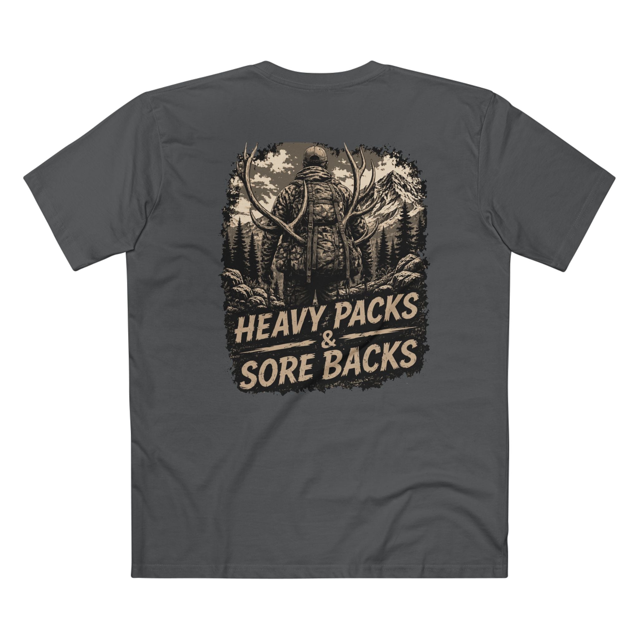 Heavy Packs & Sore Backs Tee — Hunting Outdoorsman Graphic T-Shirt