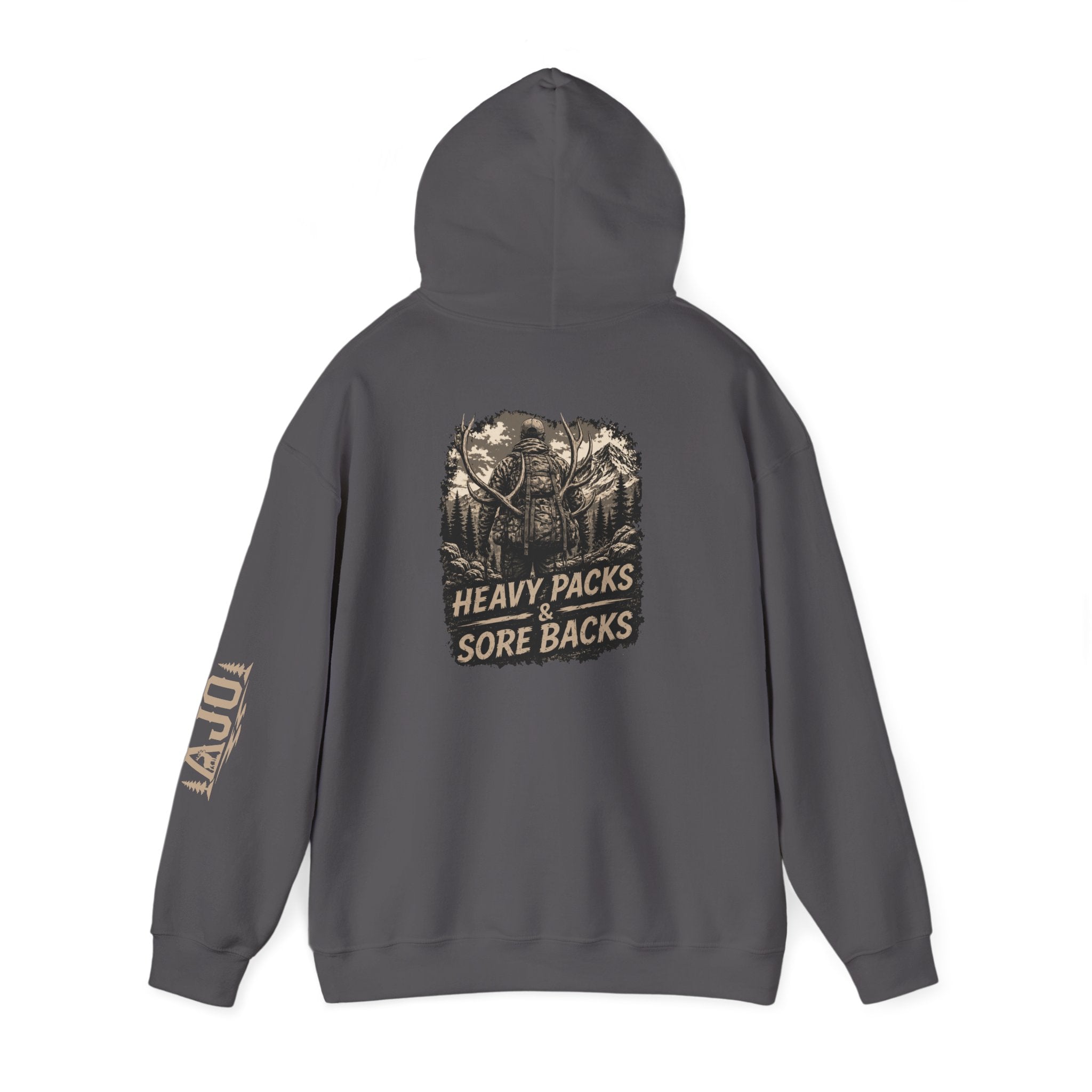 Heavy Packs Hoodie — “Heavy Packs, Sore Backs” Backprint Outdoor Camping Hoodie