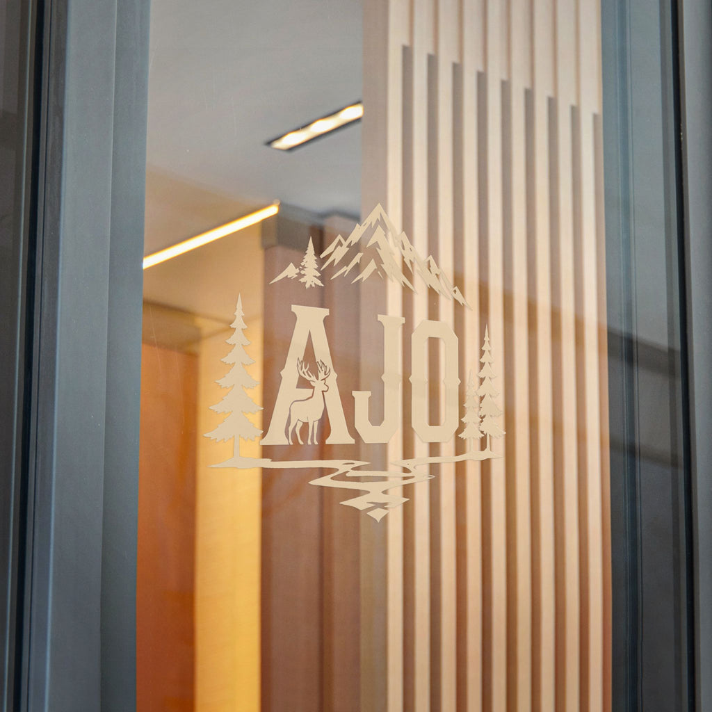 AJO Mountain Cabin Die-Cut Sticker — Outdoor Adventure Monogram