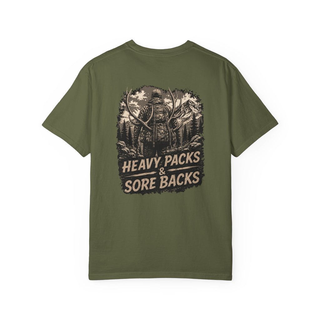 T-Shirt — Heavy Packs & Sore Backs Back Print (Outdoor Hiking Graphic)