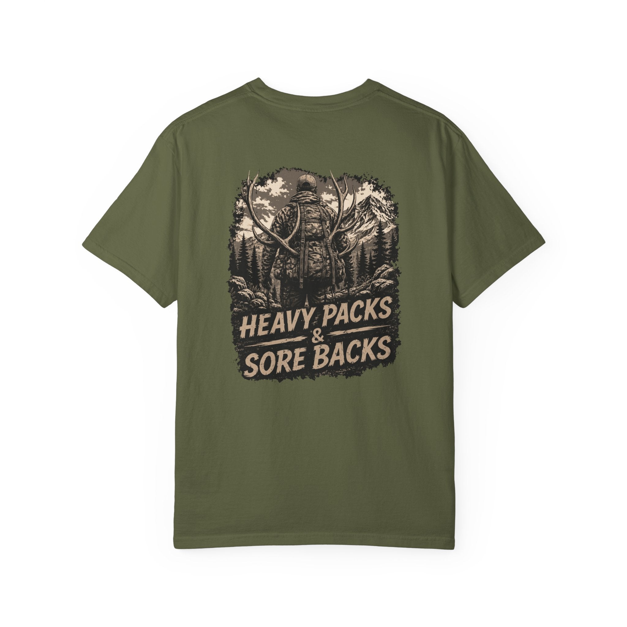 T-Shirt — Heavy Packs & Sore Backs Back Print (Outdoor Hiking Graphic)