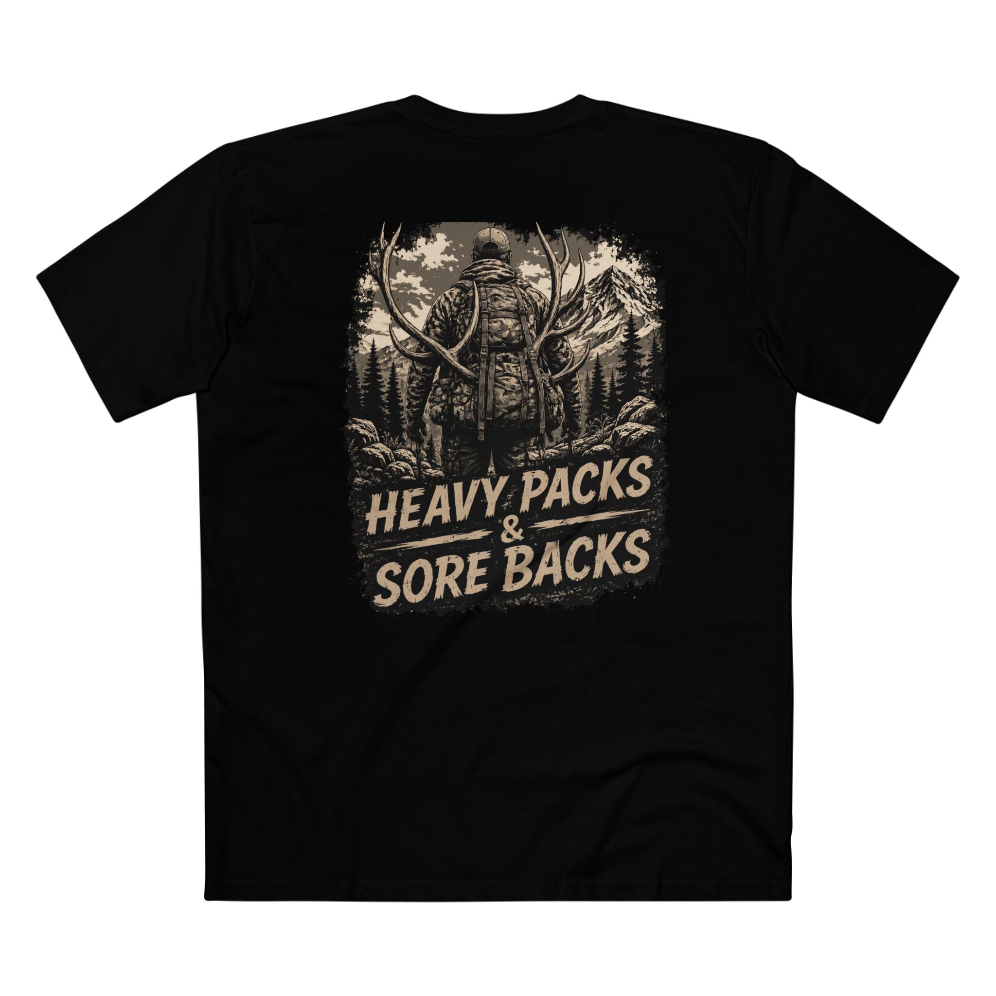 Heavy Packs & Sore Backs Tee — Hunting Outdoorsman Graphic T-Shirt