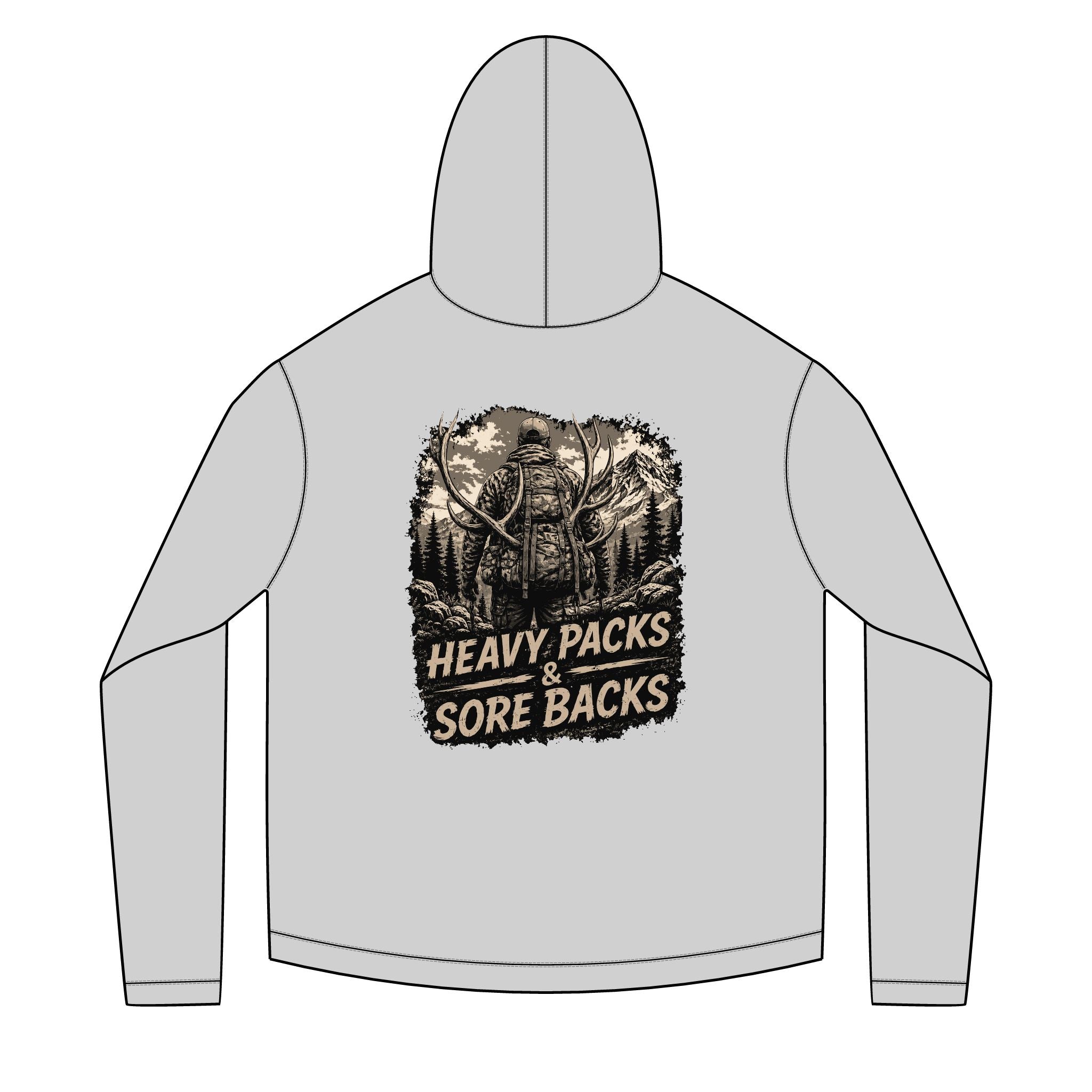 Hiking Hoodie — "Heavy Packs & Sore Backs" Adventure Graphic