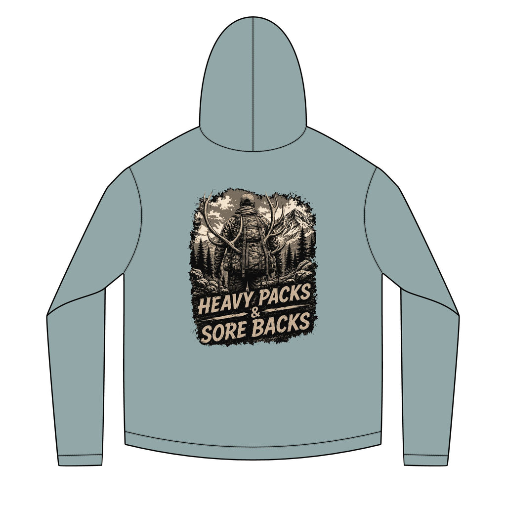 Hiking Hoodie — "Heavy Packs & Sore Backs" Adventure Graphic