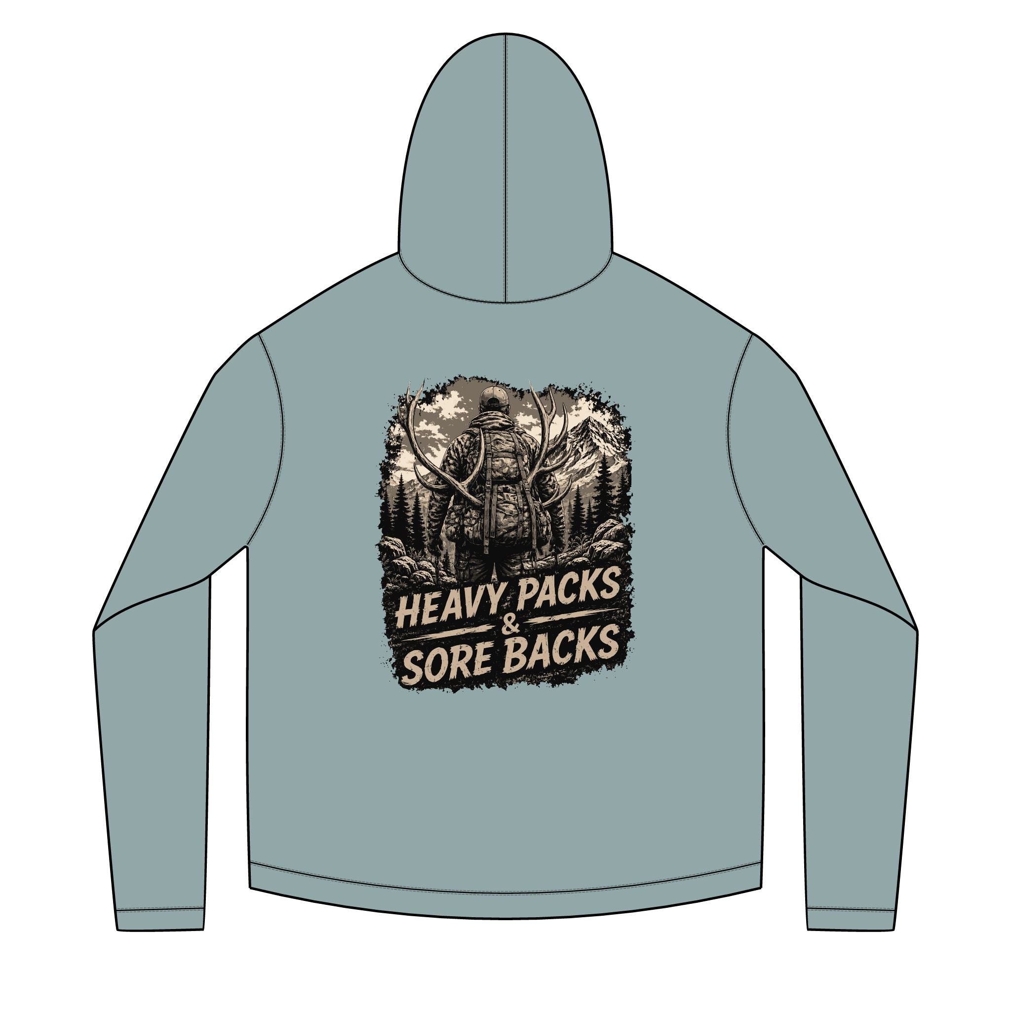 Hiking Hoodie — "Heavy Packs & Sore Backs" Adventure Graphic