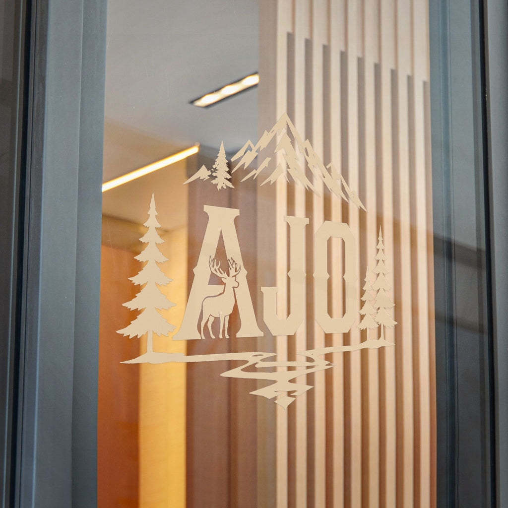 AJO Mountain Cabin Die-Cut Sticker — Outdoor Adventure Monogram