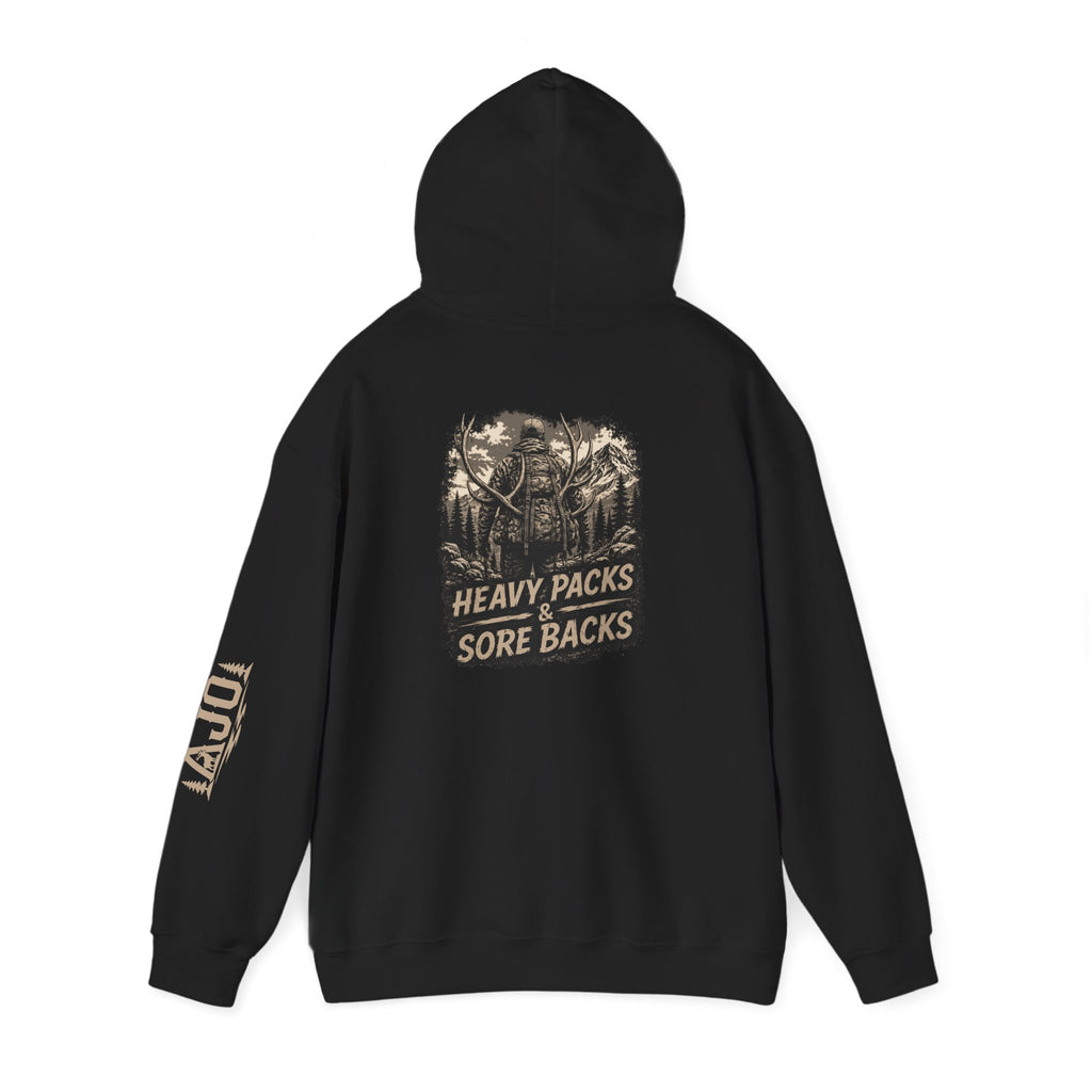 Heavy Packs Hoodie — “Heavy Packs, Sore Backs” Backprint Outdoor Camping Hoodie