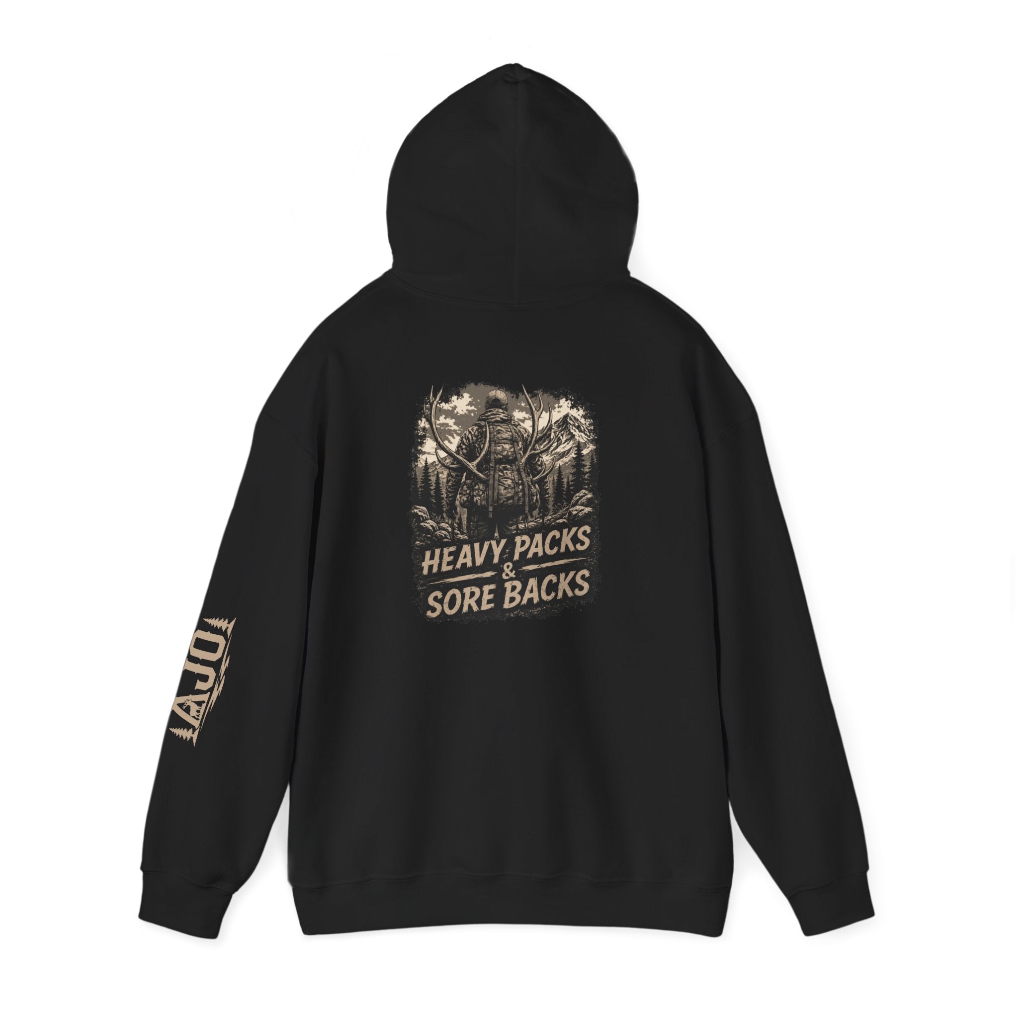 Heavy Packs Hoodie — “Heavy Packs, Sore Backs” Backprint Outdoor Camping Hoodie