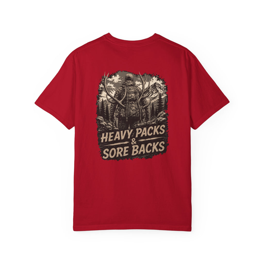 T-Shirt — Heavy Packs & Sore Backs Back Print (Outdoor Hiking Graphic)