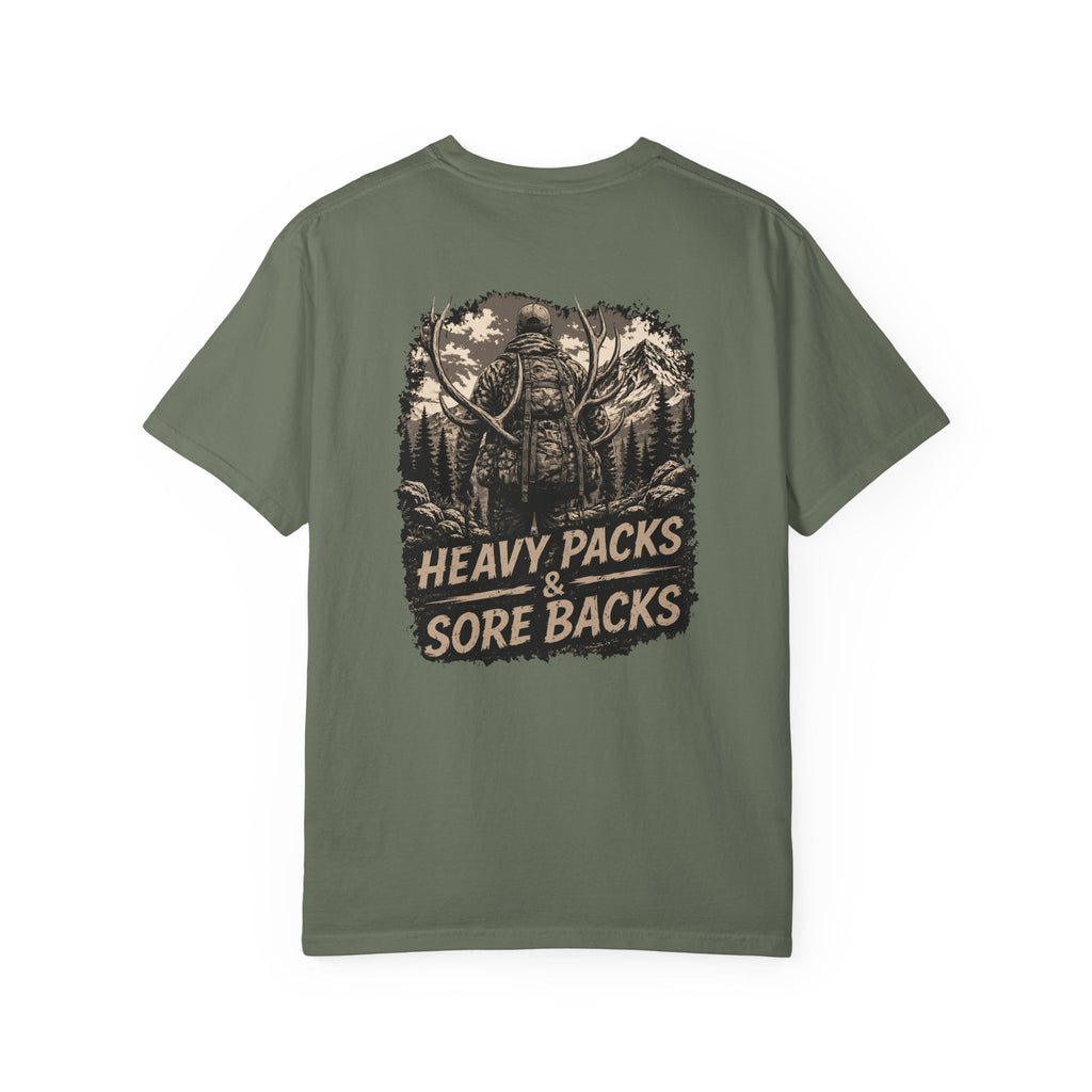 T-Shirt — Heavy Packs & Sore Backs Back Print (Outdoor Hiking Graphic)