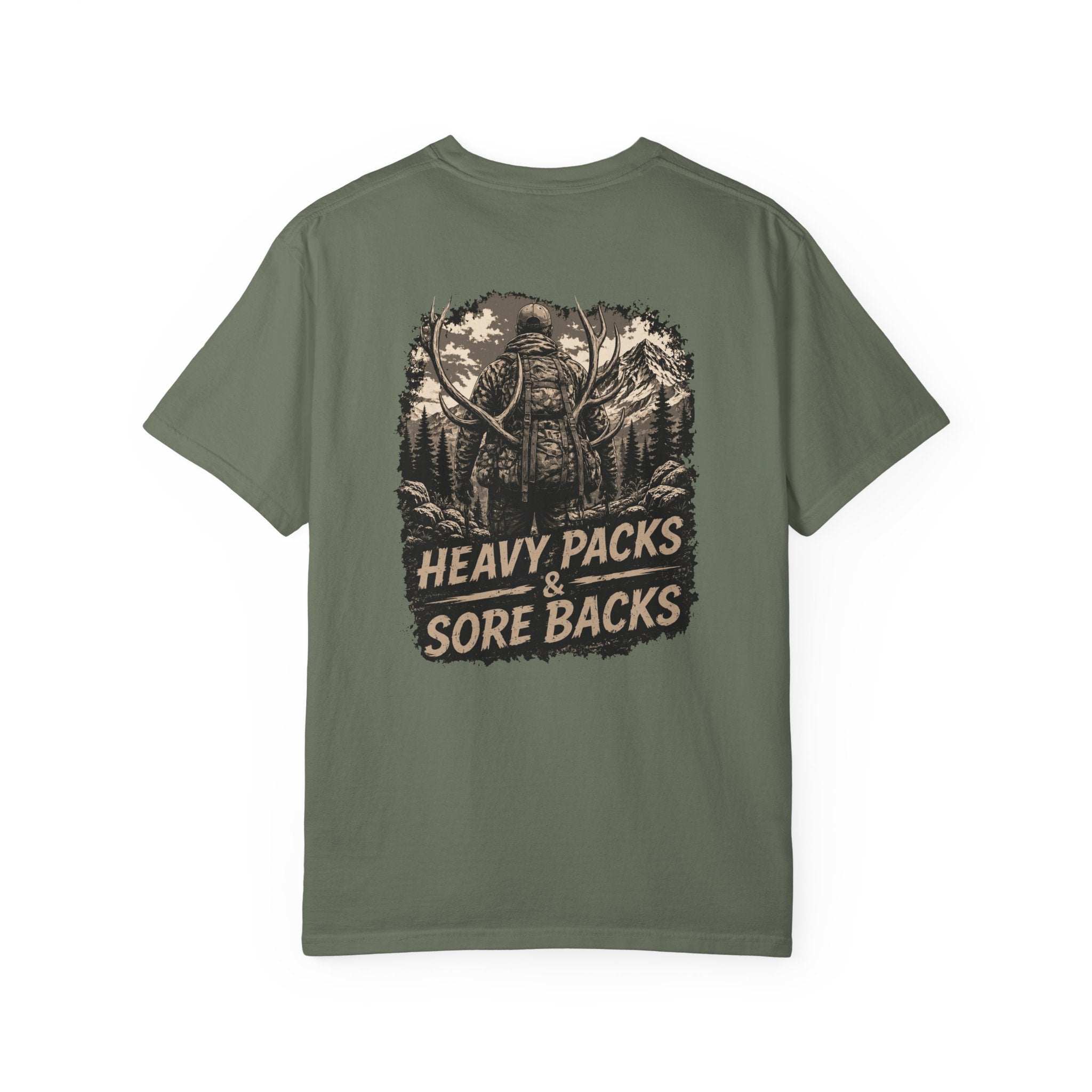 T-Shirt — Heavy Packs & Sore Backs Back Print (Outdoor Hiking Graphic)