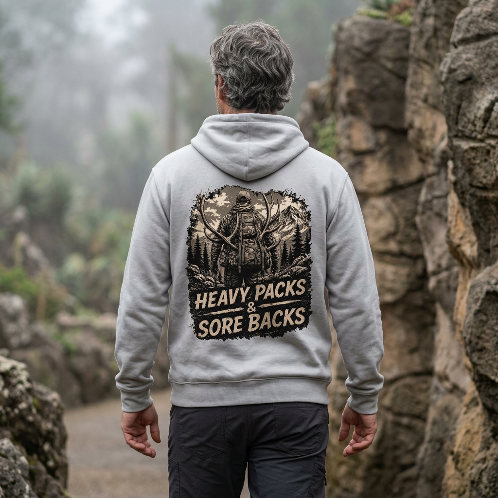 Hiking Hoodie — "Heavy Packs & Sore Backs" Adventure Graphic
