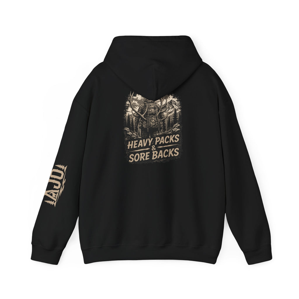 Heavy Packs Hoodie — “Heavy Packs, Sore Backs” Backprint Outdoor Camping Hoodie
