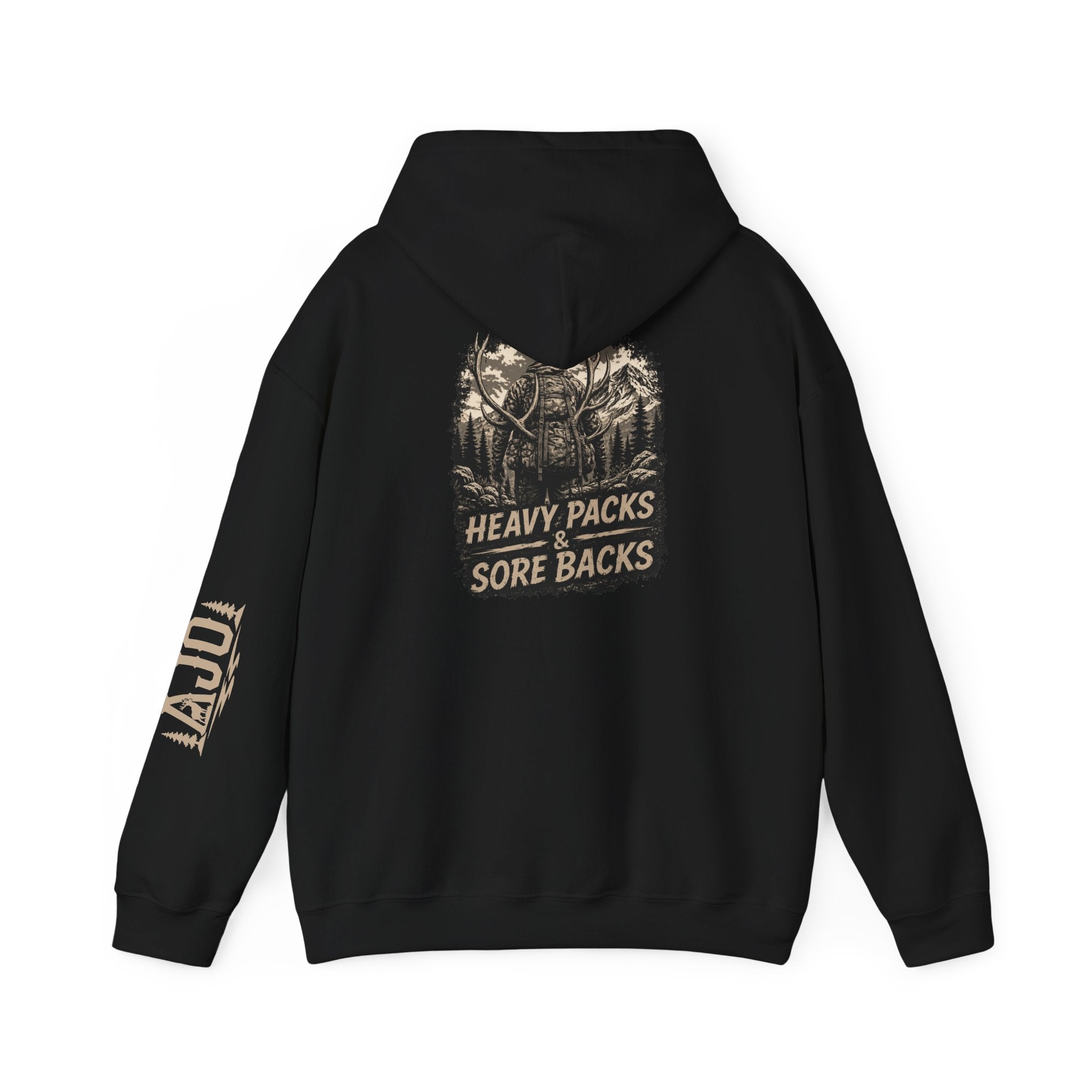 Heavy Packs Hoodie — “Heavy Packs, Sore Backs” Backprint Outdoor Camping Hoodie