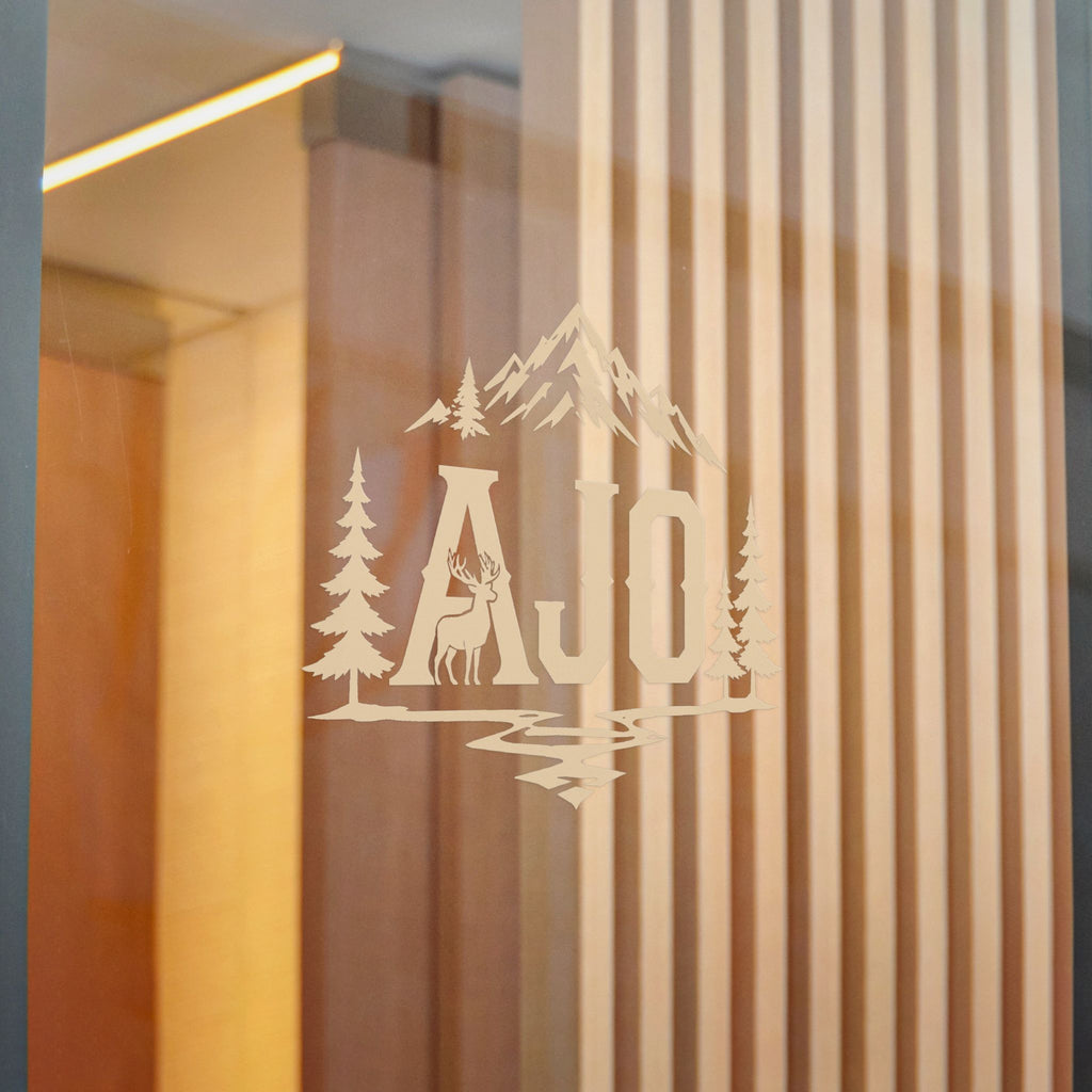AJO Mountain Cabin Die-Cut Sticker — Outdoor Adventure Monogram