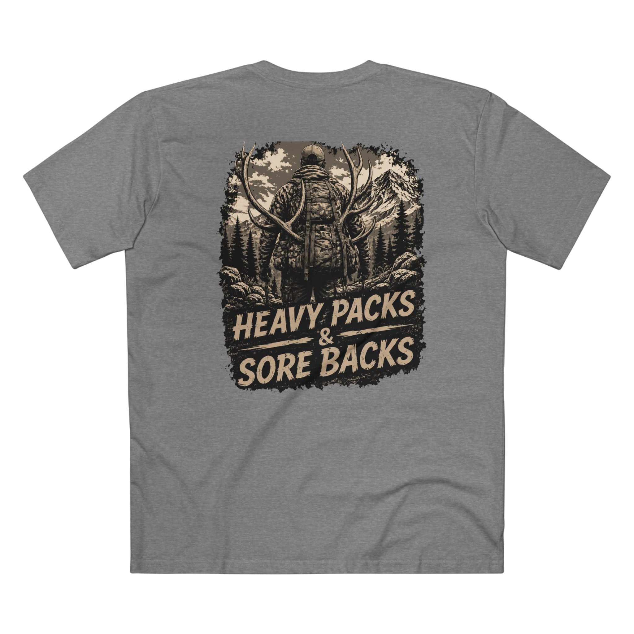 Heavy Packs & Sore Backs Tee — Hunting Outdoorsman Graphic T-Shirt
