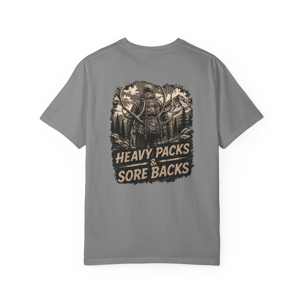 T-Shirt — Heavy Packs & Sore Backs Back Print (Outdoor Hiking Graphic)