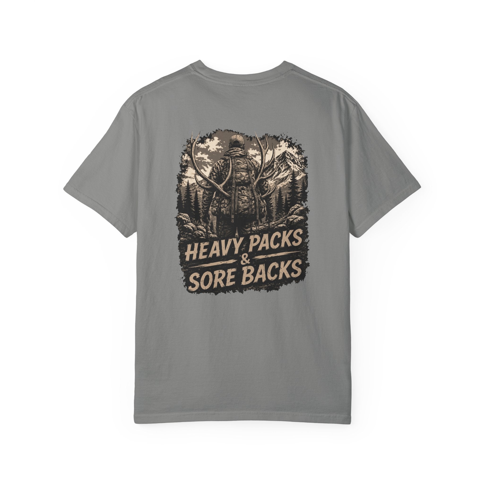 T-Shirt — Heavy Packs & Sore Backs Back Print (Outdoor Hiking Graphic)