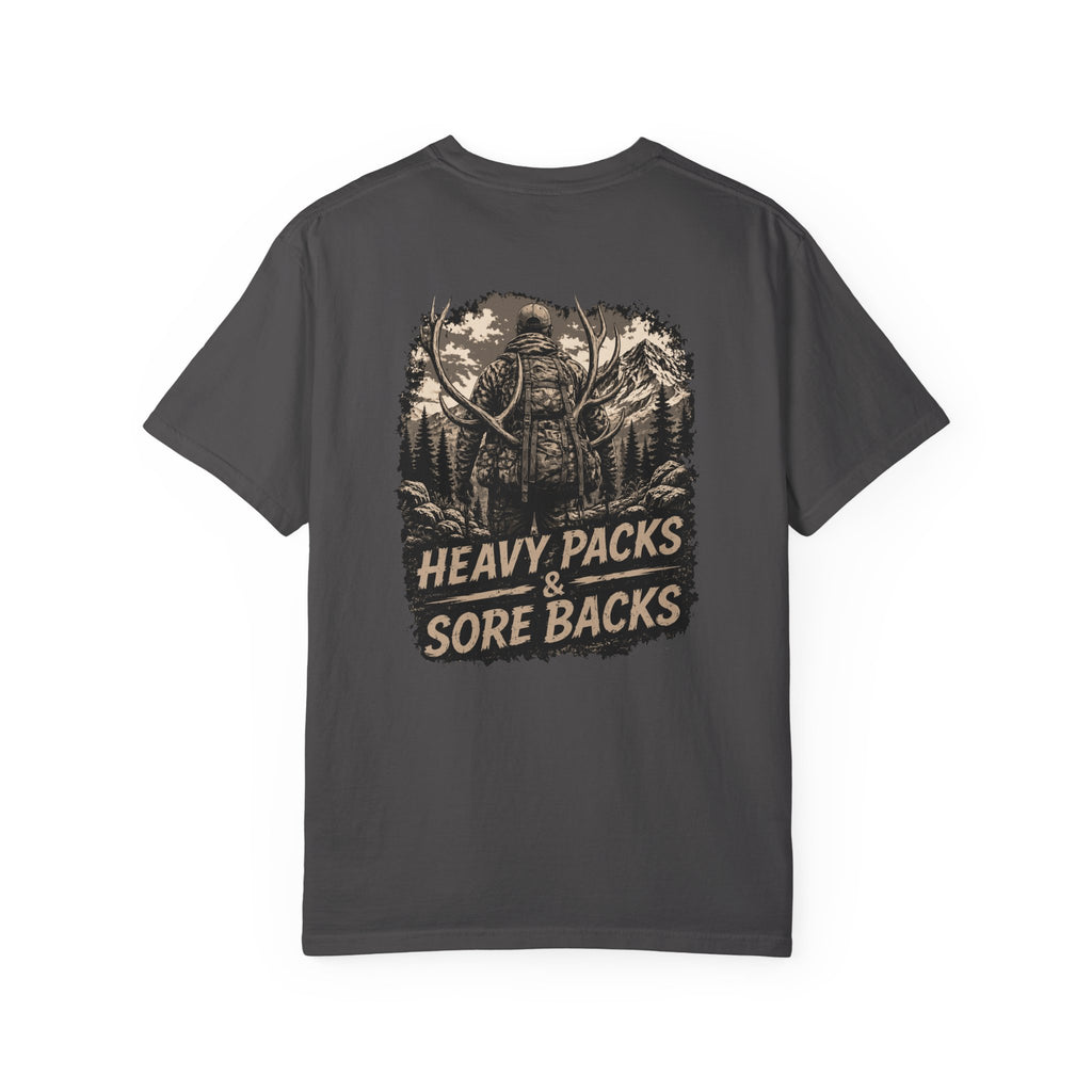 T-Shirt — Heavy Packs & Sore Backs Back Print (Outdoor Hiking Graphic)