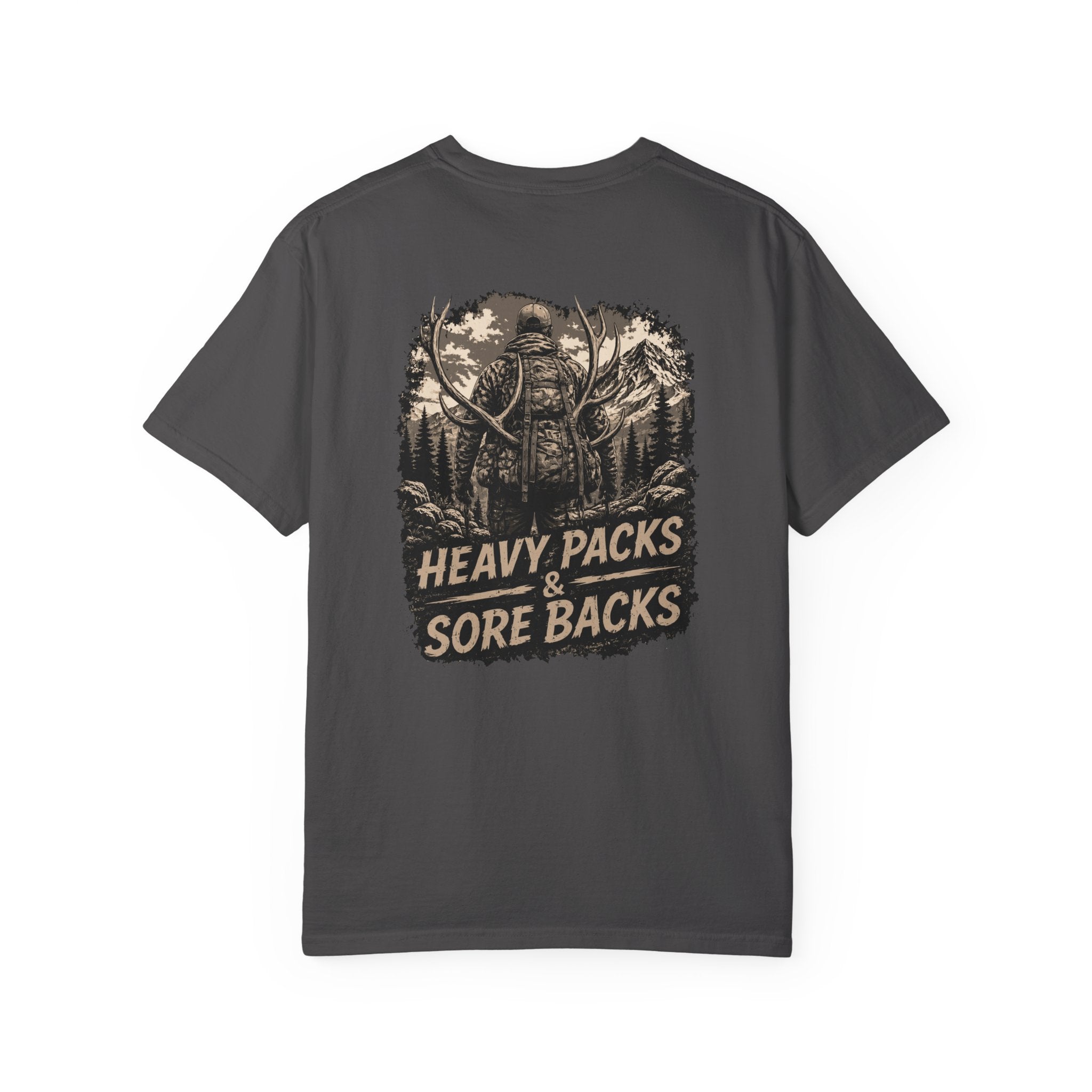 T-Shirt — Heavy Packs & Sore Backs Back Print (Outdoor Hiking Graphic)