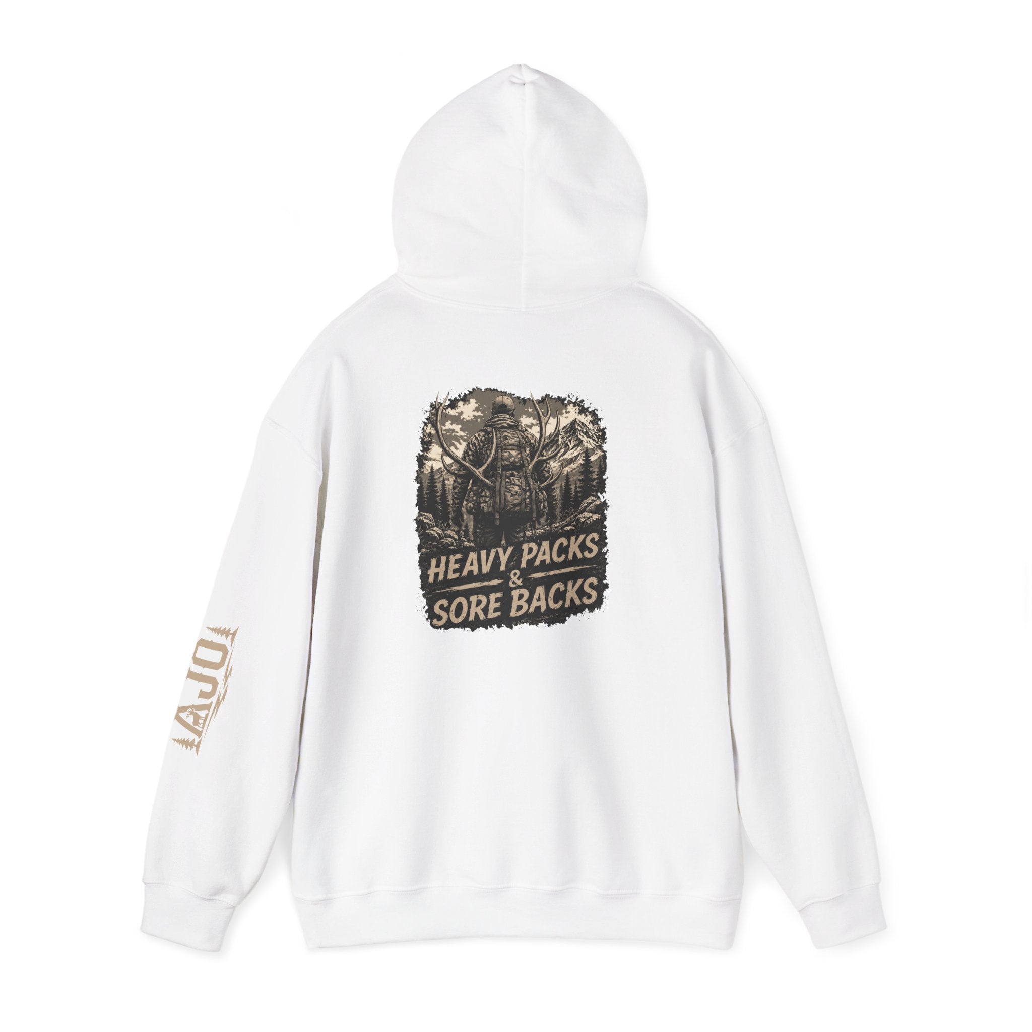 Heavy Packs Hoodie — “Heavy Packs, Sore Backs” Backprint Outdoor Camping Hoodie