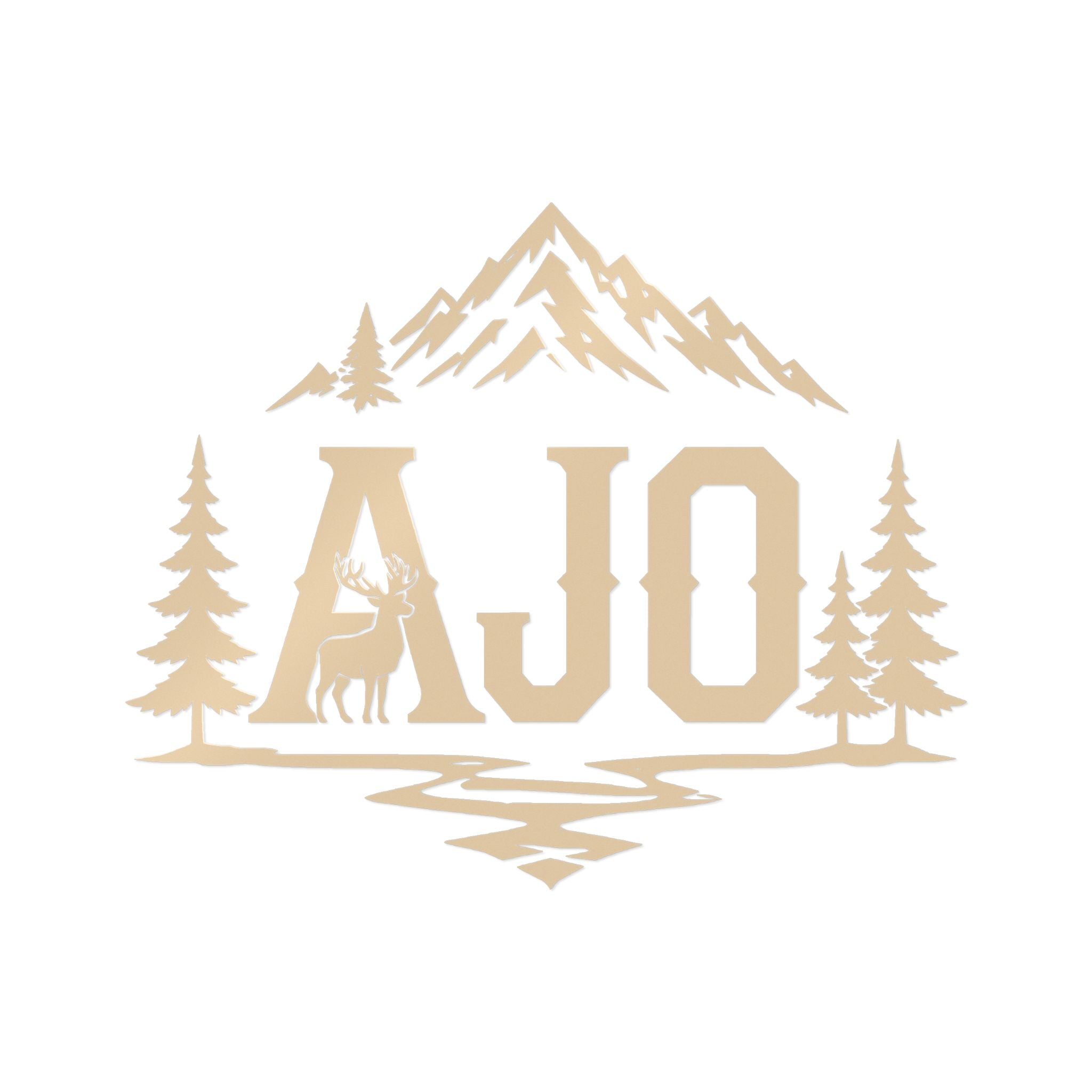 AJO Mountain Cabin Die-Cut Sticker — Outdoor Adventure Monogram