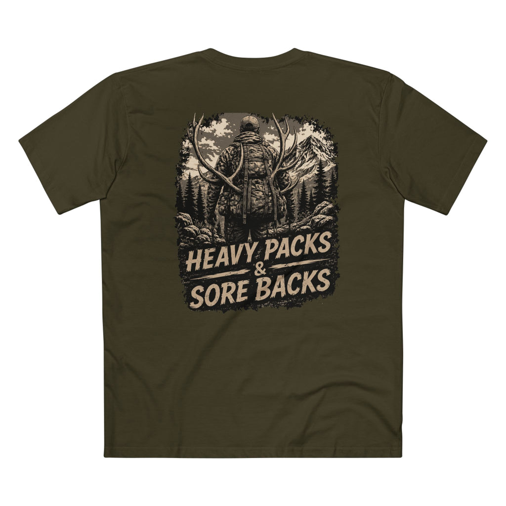 Heavy Packs & Sore Backs Tee — Hunting Outdoorsman Graphic T-Shirt