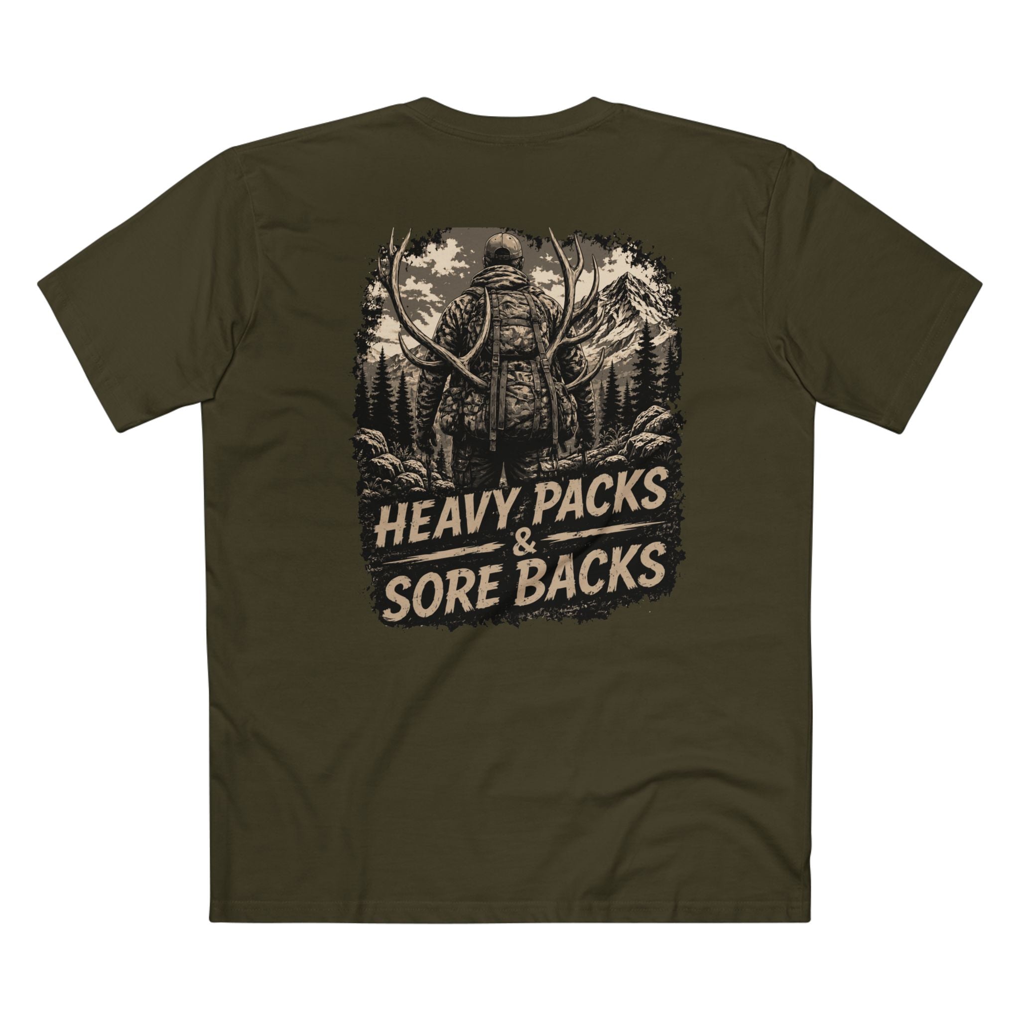 Heavy Packs & Sore Backs Tee — Hunting Outdoorsman Graphic T-Shirt