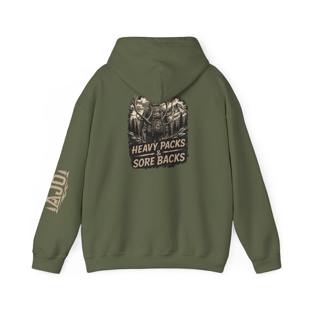 Heavy Packs Hoodie — “Heavy Packs, Sore Backs” Backprint Outdoor Camping Hoodie