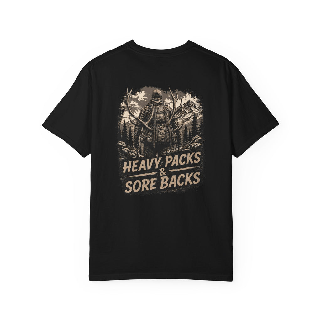 T-Shirt — Heavy Packs & Sore Backs Back Print (Outdoor Hiking Graphic)