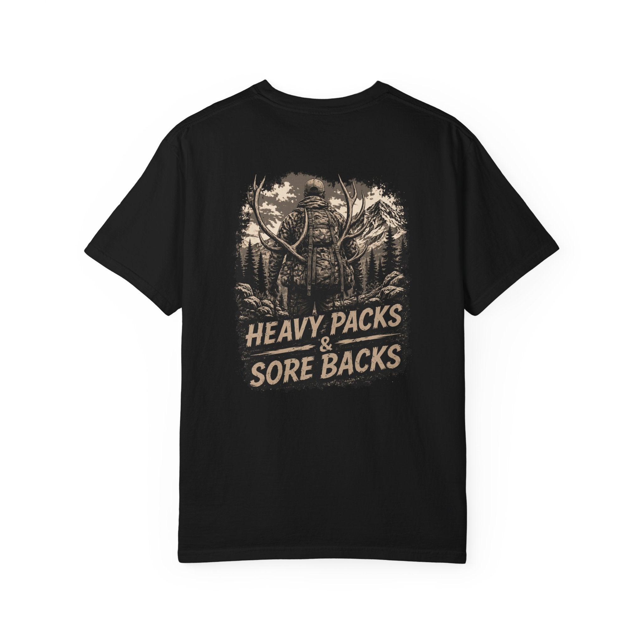 T-Shirt — Heavy Packs & Sore Backs Back Print (Outdoor Hiking Graphic)
