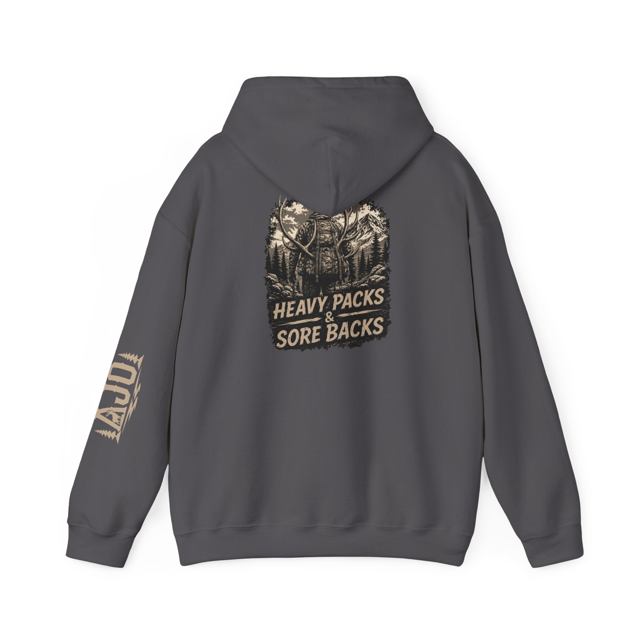Heavy Packs Hoodie — “Heavy Packs, Sore Backs” Backprint Outdoor Camping Hoodie