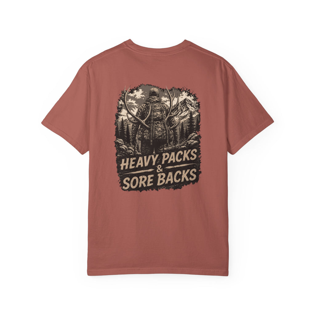T-Shirt — Heavy Packs & Sore Backs Back Print (Outdoor Hiking Graphic)
