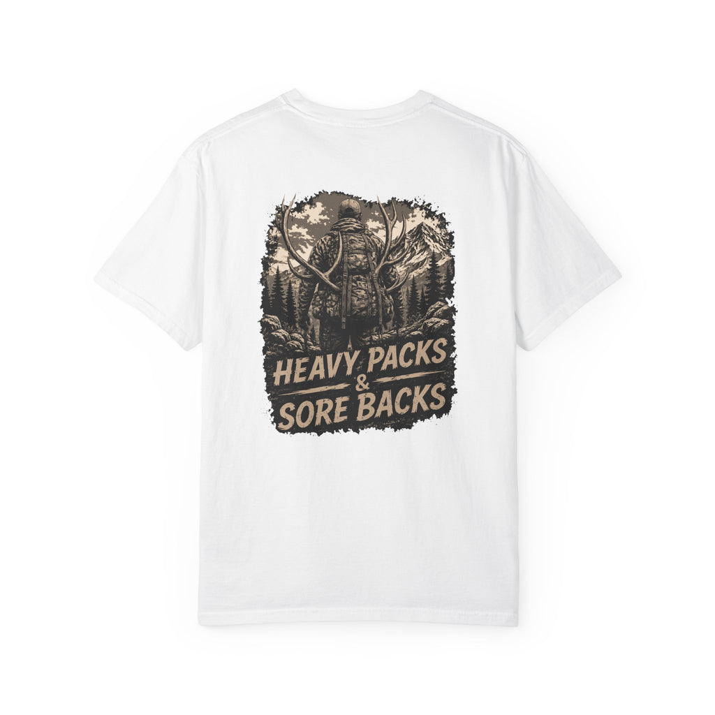 T-Shirt — Heavy Packs & Sore Backs Back Print (Outdoor Hiking Graphic)