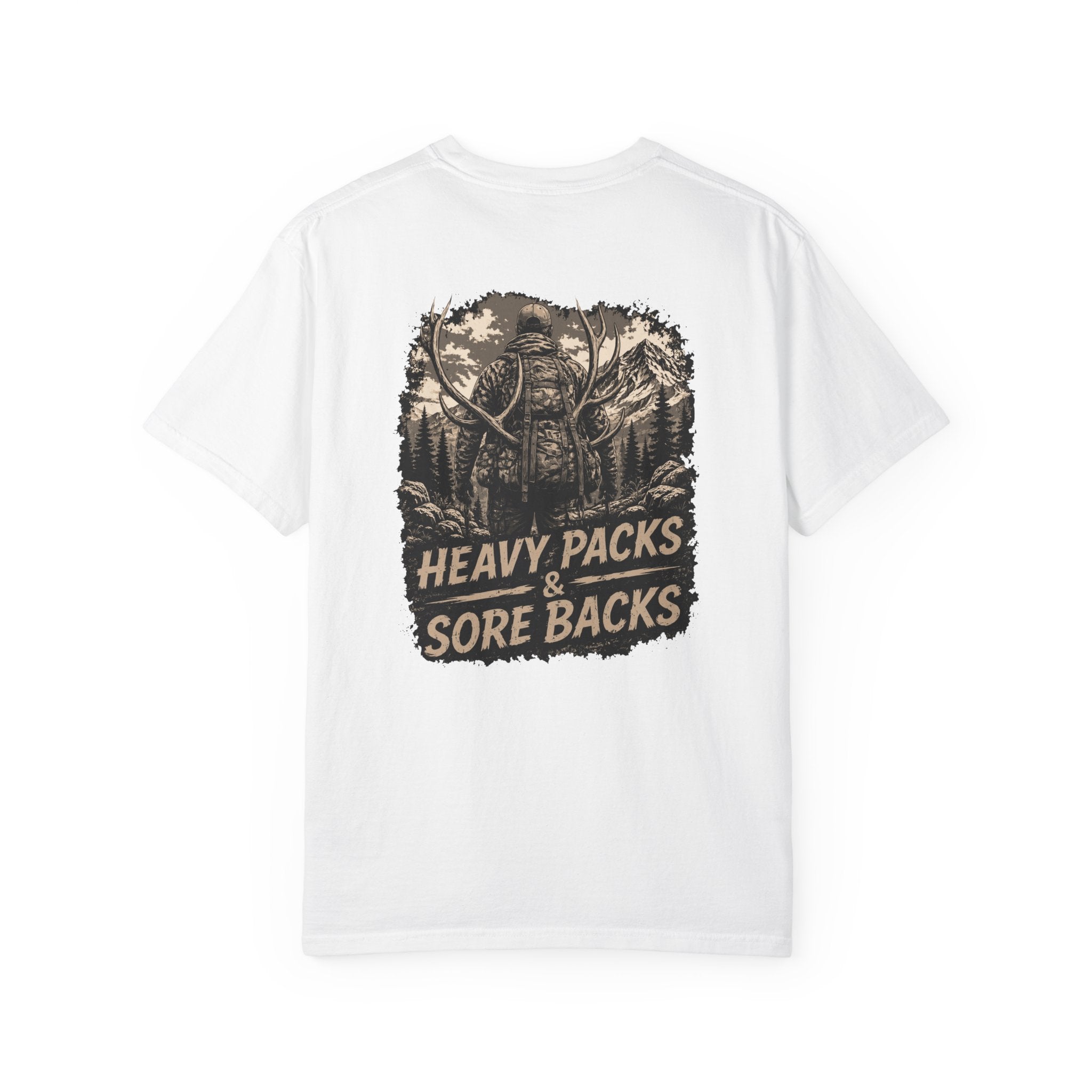 T-Shirt — Heavy Packs & Sore Backs Back Print (Outdoor Hiking Graphic)